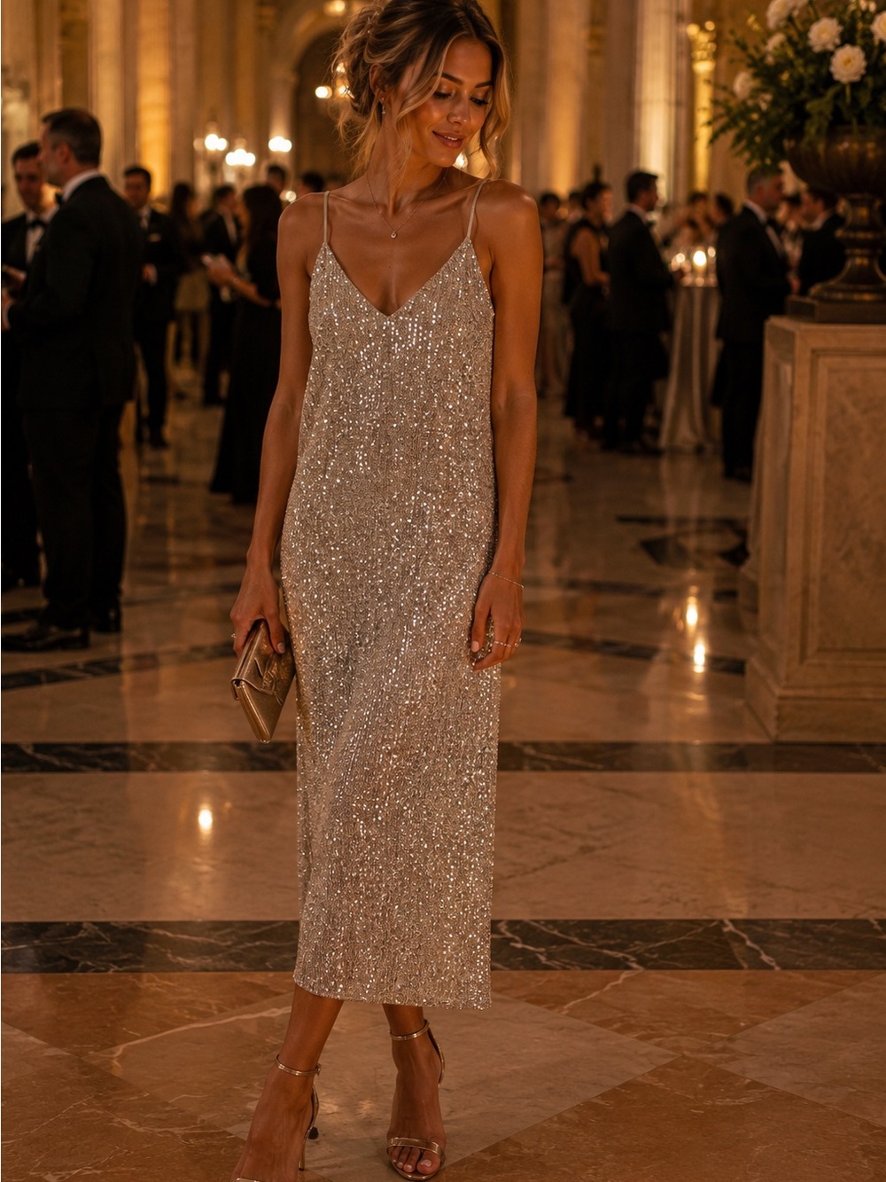 Ces Femme Champagne Sparkle Sequin Spaghetti Strap Midi Slip Dress